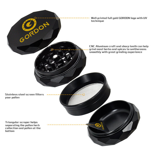 Gordon Diamond Surface Aluminum Alloy Herb Grinder, Black 50 mm Smoker Grinder, 4 Lay Easy Clean Herb Grinders